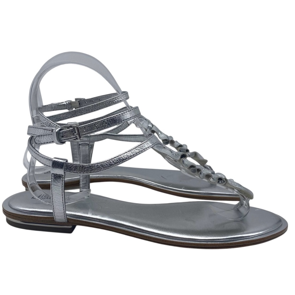 Michael Kors Womens Shoes Bella Sandals 8 Silver Leather Ruffled Flat Strappy - Picture 2 of 13